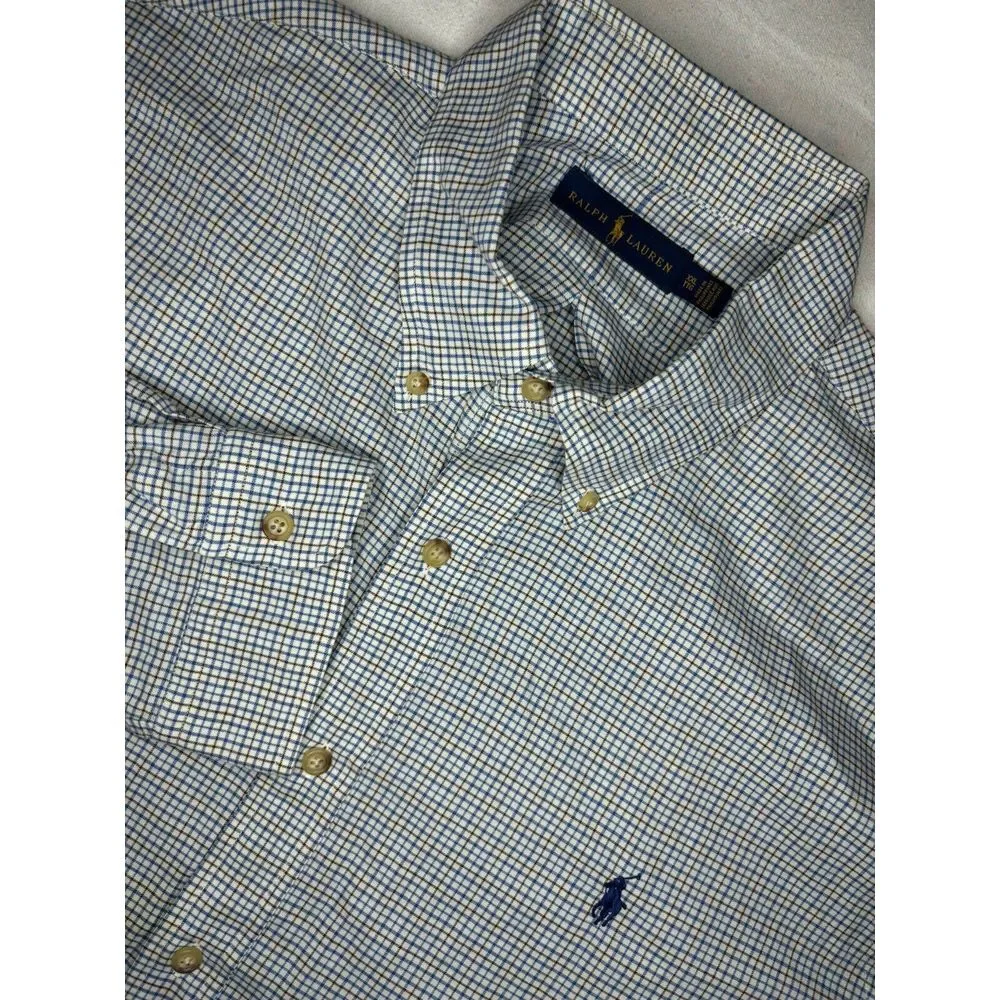 Ralph Lauren Button Down Shirt Men's 2XL XXL Blue & Brown on White Check Pattern